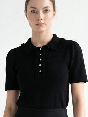 NVLT Black Short-Sleeve Ruffled Collar Knit Top W/ Faux Pearls Bottons Top ONLY